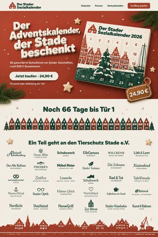 Startseite mit räumlicher Schrift und Giebel-Countdown