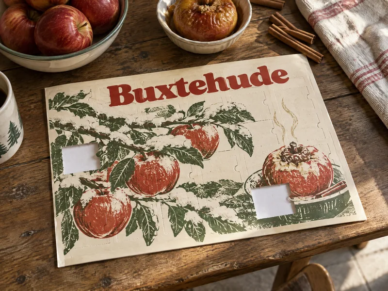 Auf dem Küchentisch neben Äpfeln und Bratapfel