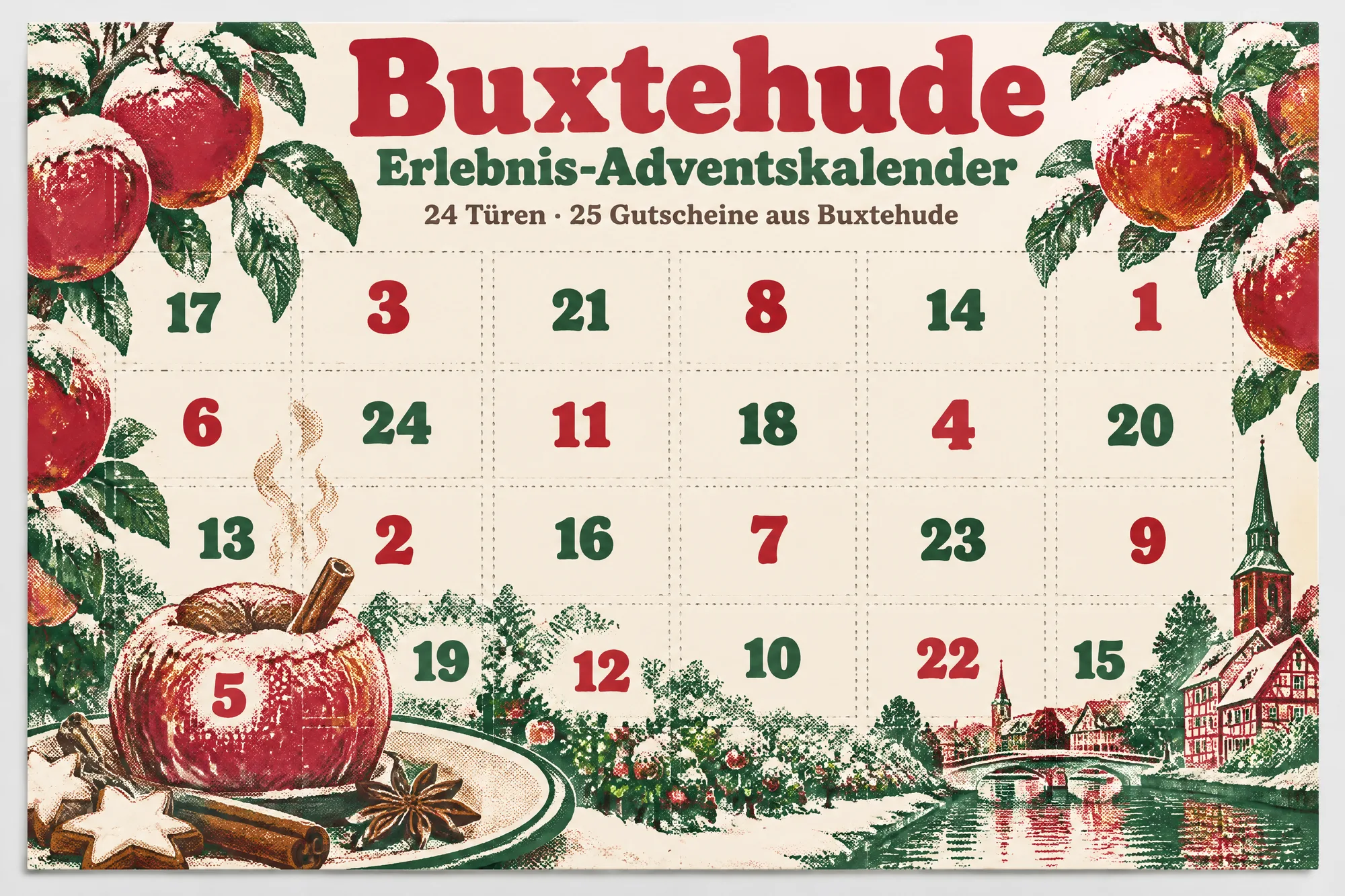 Äpfel, Bratapfel und Zimtsterne als Risodruck