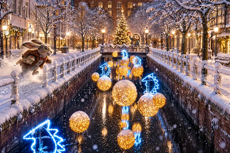 Das Wettrennen: der Hase rennt, der Igel wartet schon am Weihnachtsbaum