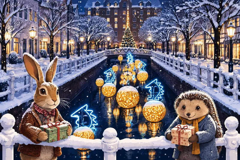 Hase und Igel am Geländer, rechts und links vom Fleth