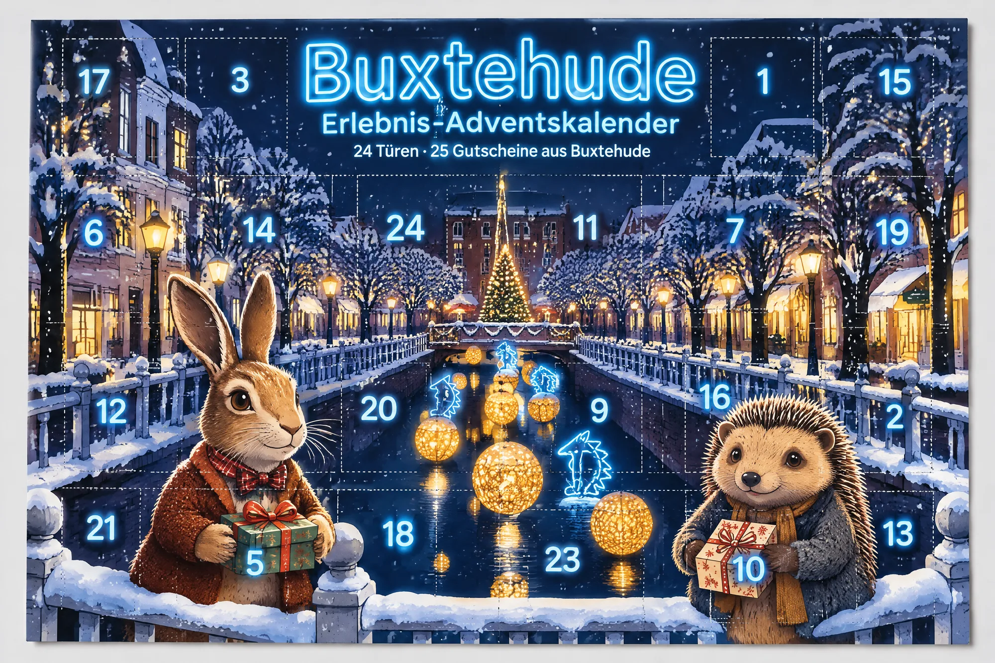 Mit Titel und Zahlen wie blaue Leuchtröhren