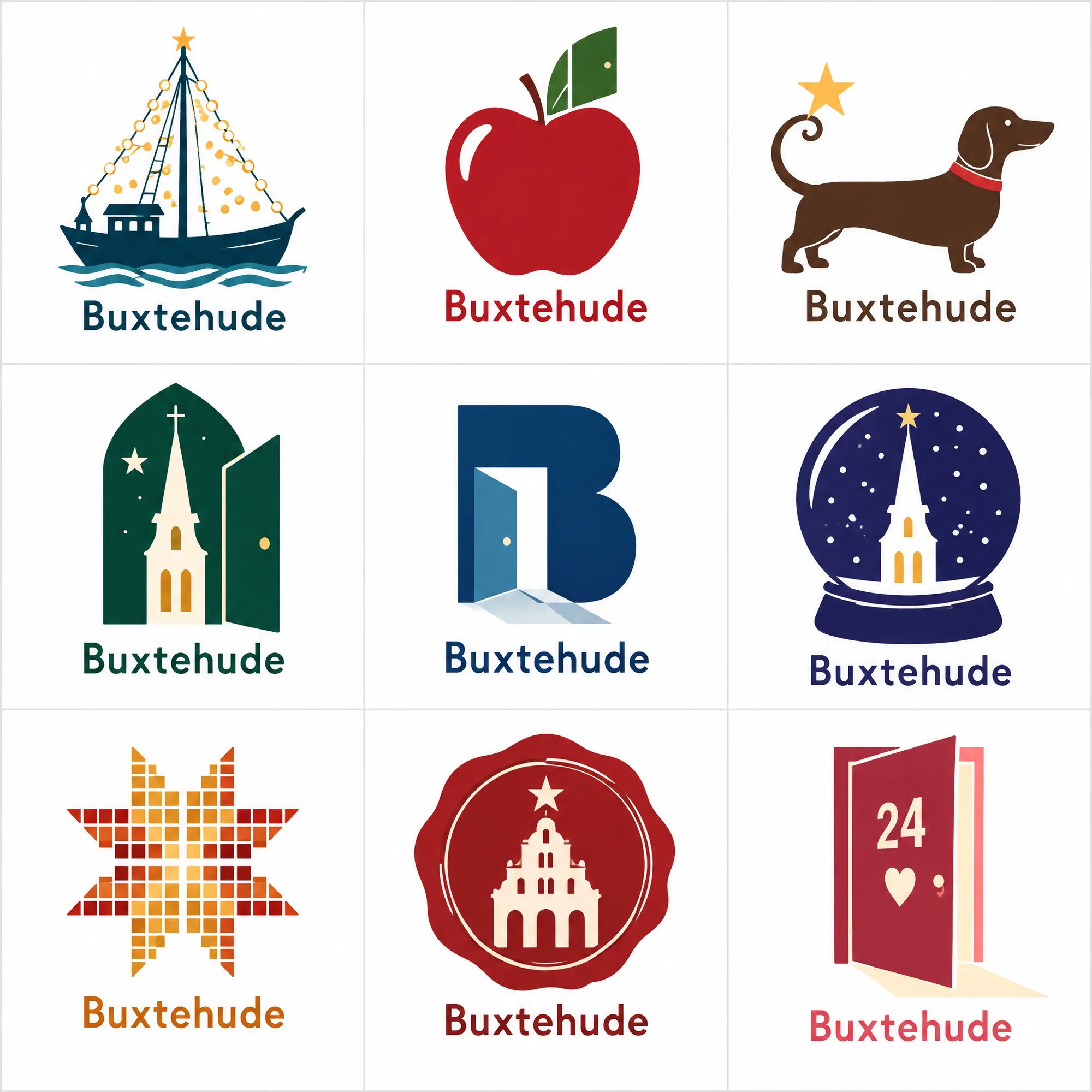 Neun Zeichen: Lichtermast, Apfel mit Tür, Dackel, St. Petri, Monogramm und mehr