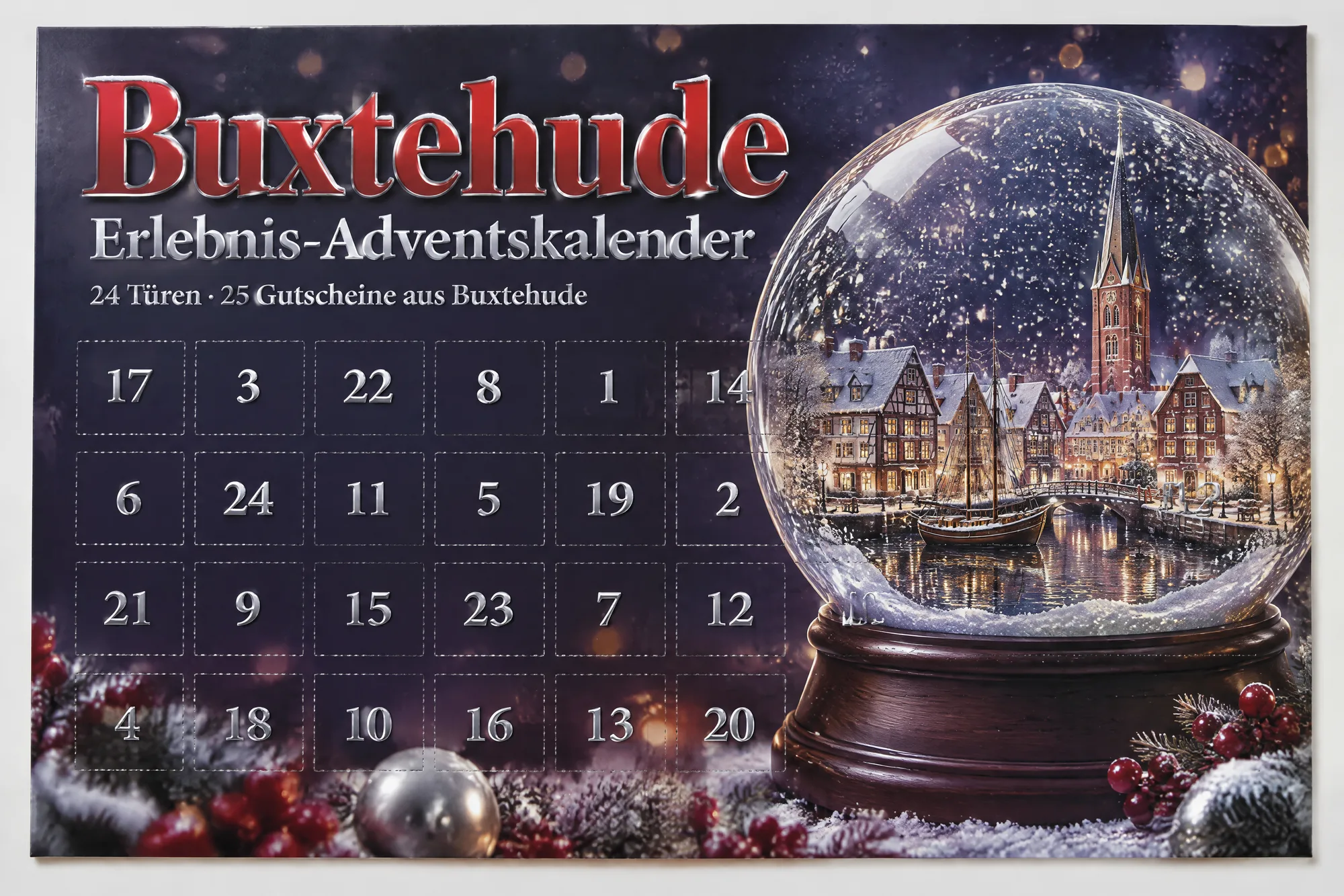 Die Altstadt in der Schneekugel, rote 3D-Schrift