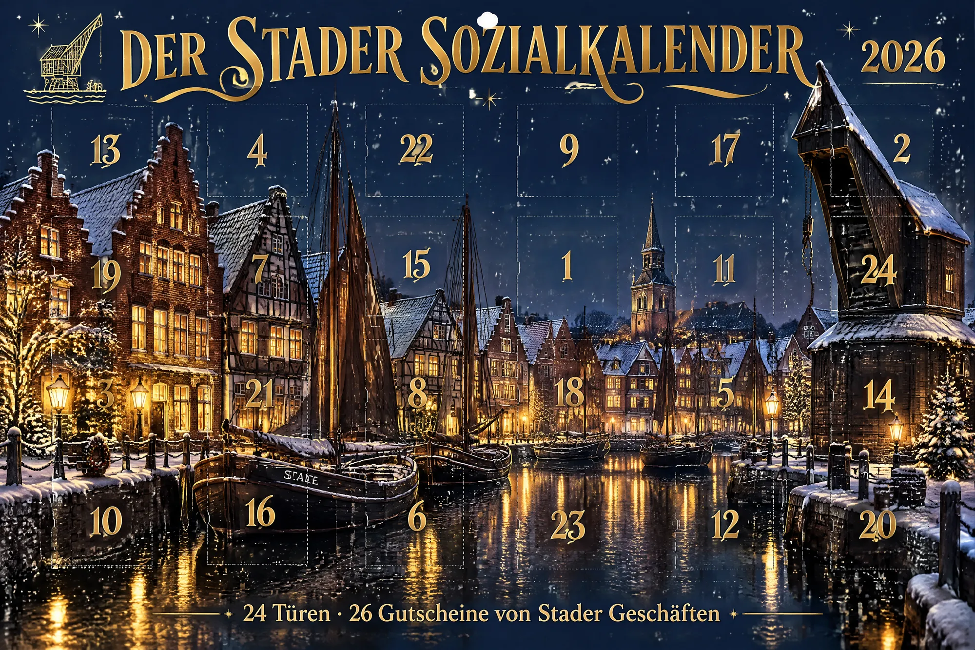 Hafen in Gold: Goldschrift über dem verschneiten Hansehafen