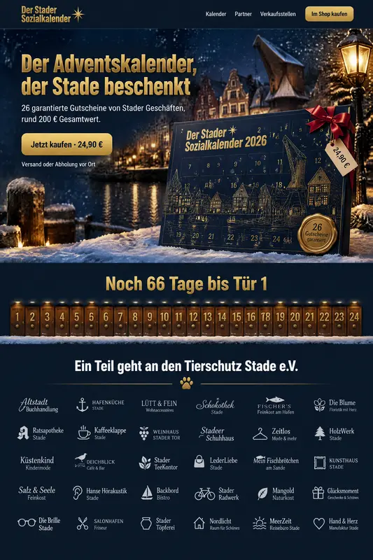 Startseite mit Goldprägung und Siegel „26 Gutscheine garantiert“