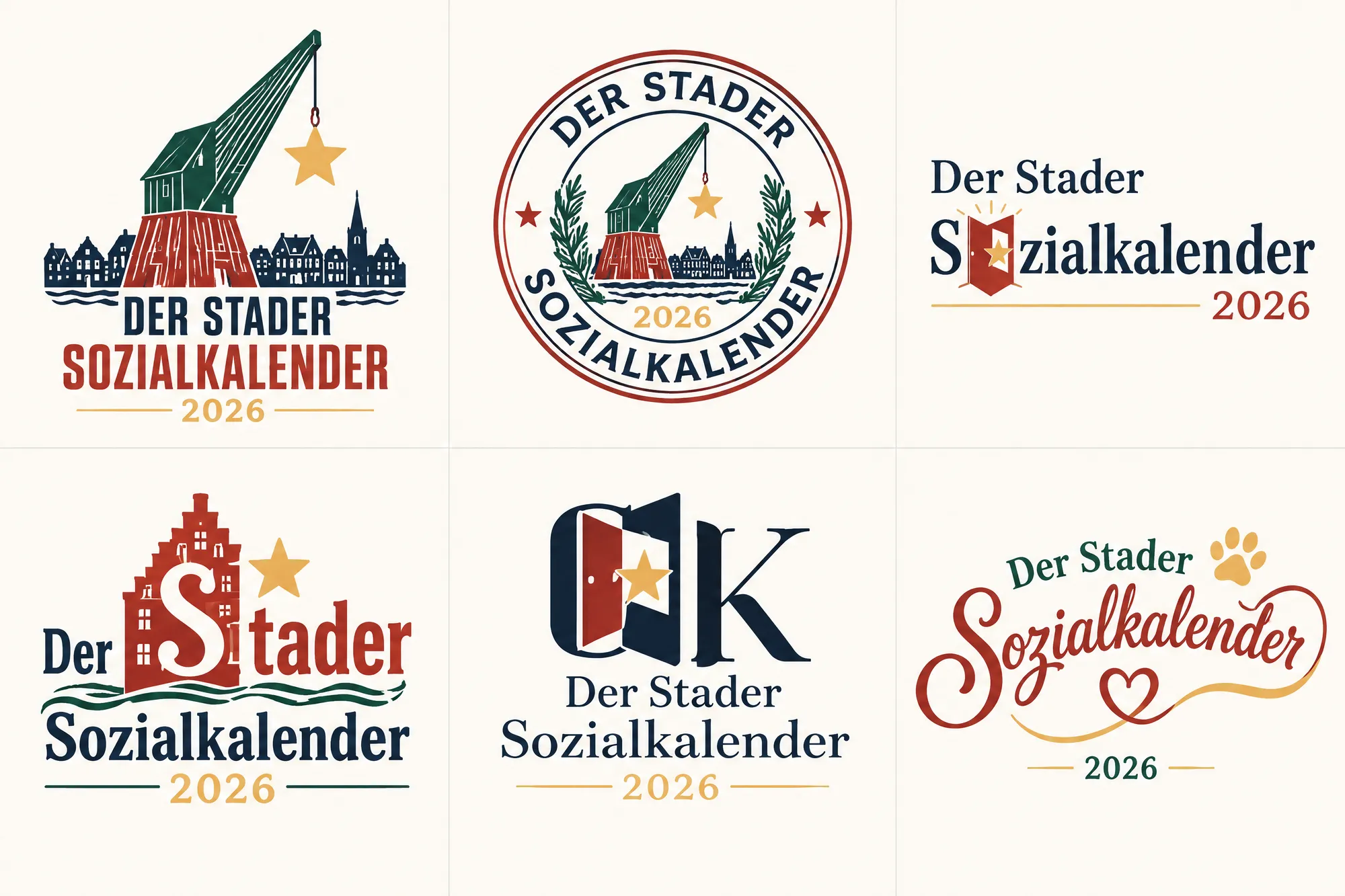 Sechs Logo-Ideen: Kran, Siegel, Tür, Giebel, Monogramm, Pfote