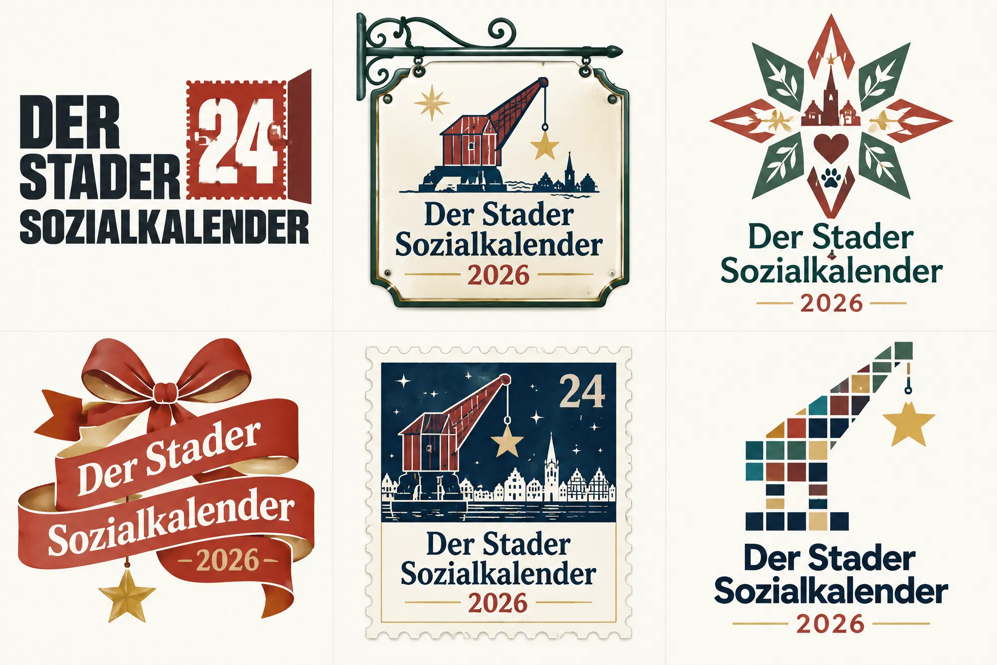 Sechs weitere Ideen: Schild, Schleife, Briefmarke, Pixel-Kran