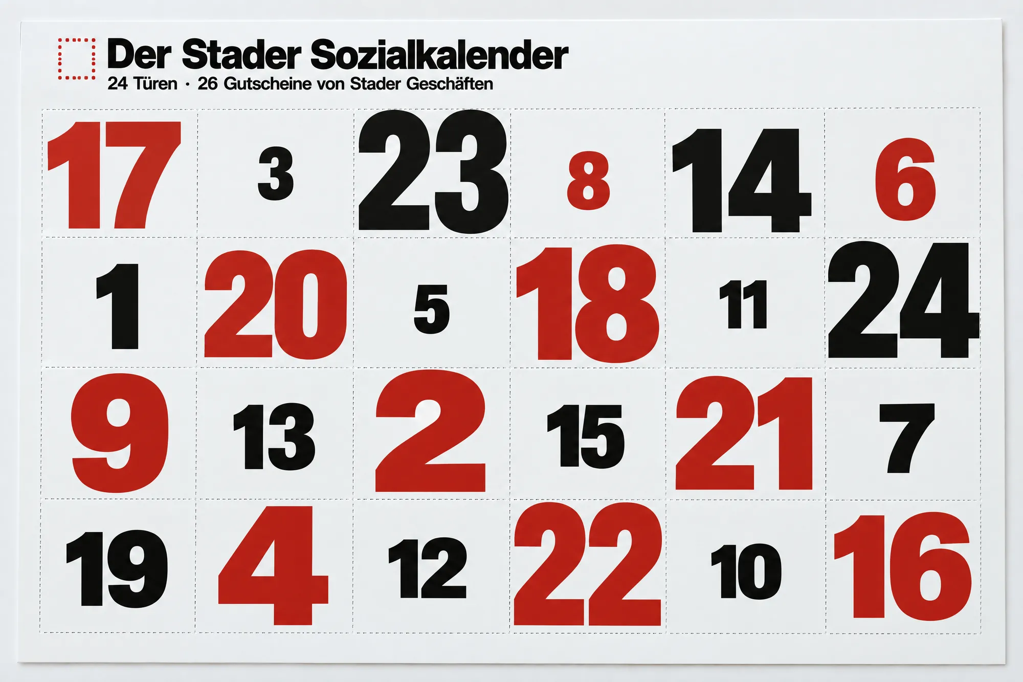24 Zahlen in Schwarz und Signalrot